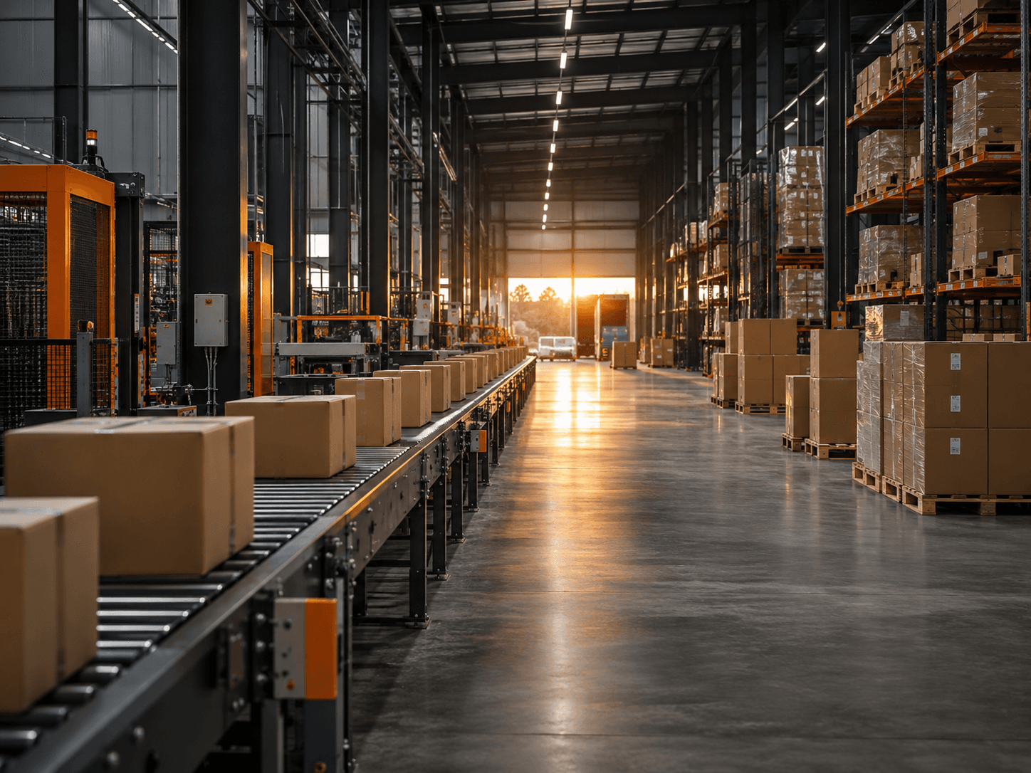 An industrial warehouse with a conveyor and organized inventory.